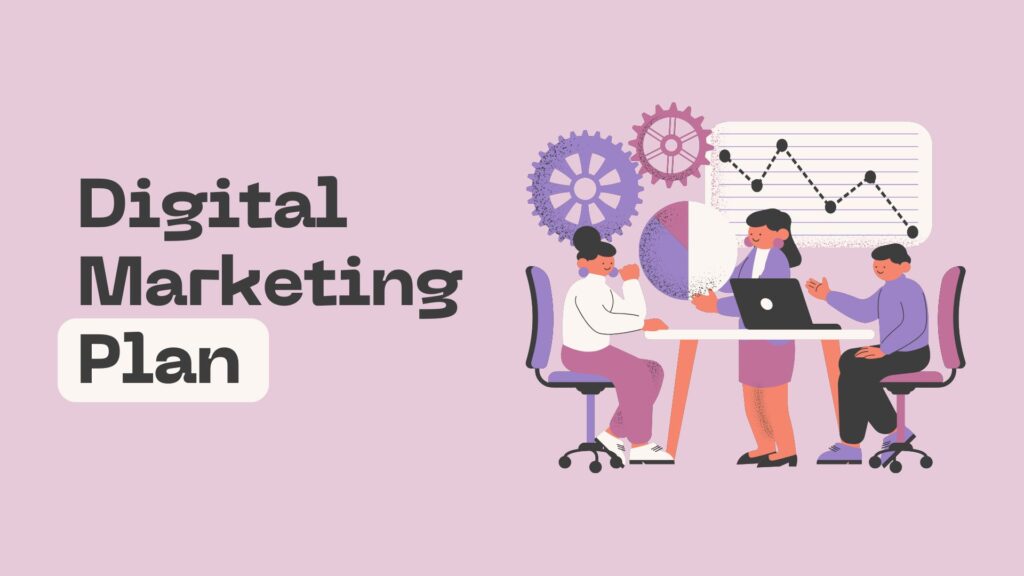 Illustration of three people discussing a digital marketing plan with charts and gears in the background, symbolizing strategy and teamwork.